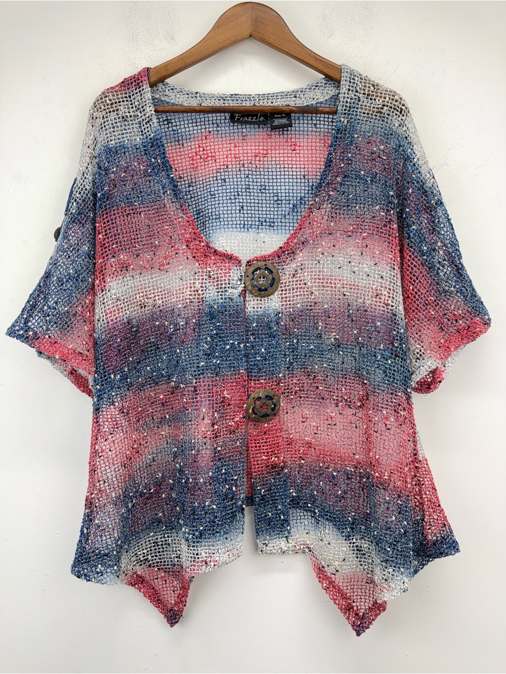 Frazzle size XL Women’s Boho Red White Blue Crochet Mesh Open Knit Cardigan